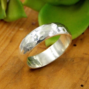 Men’s Wide Hammered Wedding Band – 925 Sterling Silver Domed Ring – 6mm Wide Wedding Ring with Hammer Texture – Dome Shaped Ring
