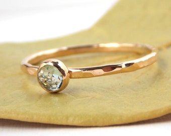 Mini Rose Cut Stone Gold Ring: solid yellow gold engagement ring with a hammered textured band, rose cut birthstone stacking ring