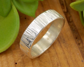 Birch Tree Bark Wedding Band: 6mm wide sterling silver ring given a rustic birch texture