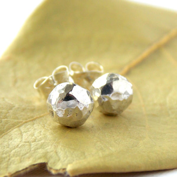 Hammered Texture Pebble Stud Earrings made from Sterling Silver: simple post earrings