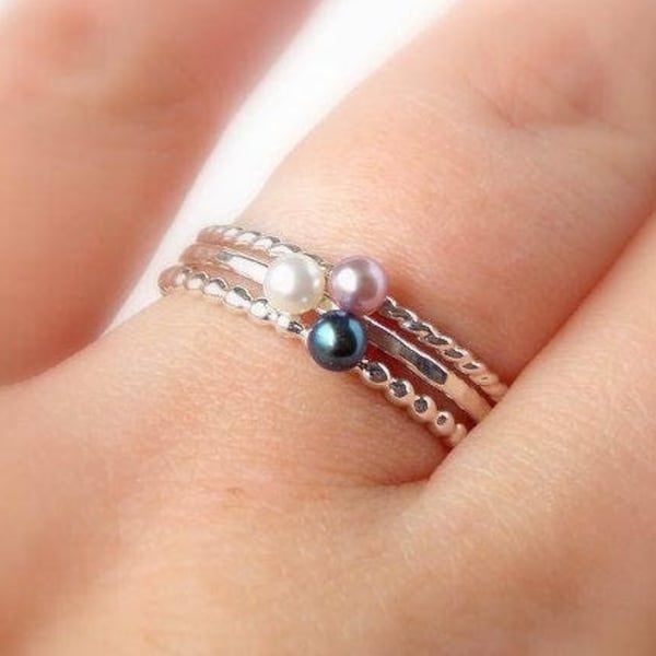 Mini Floating Freshwater Pearl Ring – 925 Sterling Silver Stacking Ring– 3mm White, Pink, or Black Pearl– Hammered, Beaded, or Rope Band