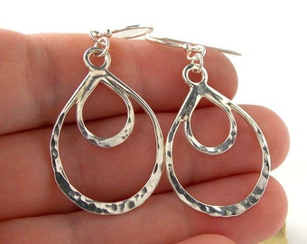 Double Loop Lace Earrings: sterling silver earrings, dangle earrings, hoop earrings, hammered earrings, tear drop earrings, polished