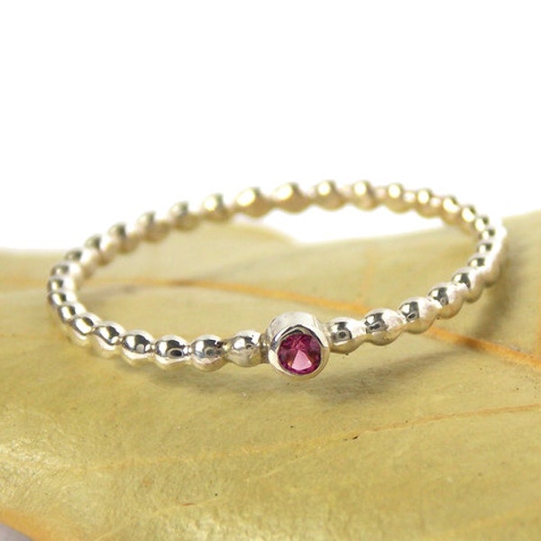 Tiny Beaded Birthstone Stacking Ring: dainty sterling silver stackable ring