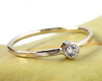 Gold White Sapphire Ring w/ Hammered Band: 14k solid gold ring, white sapphire, dainty ring, gold ring, engagement ring, wedding ring
