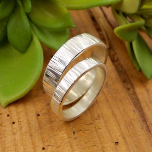 His & Hers Tree Bark Wedding Band Set: Sterling Silver with Birch Line Texture
