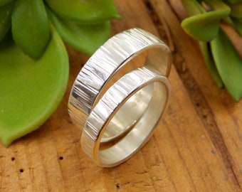His & Hers Tree Bark Wedding Band Set: Sterling Silver with Birch Line Texture