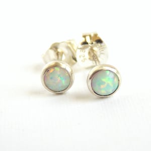 Dainty Opal Stud Earrings in Sterling Silver: Simple October Birthstone Studs made from Simulated Opals