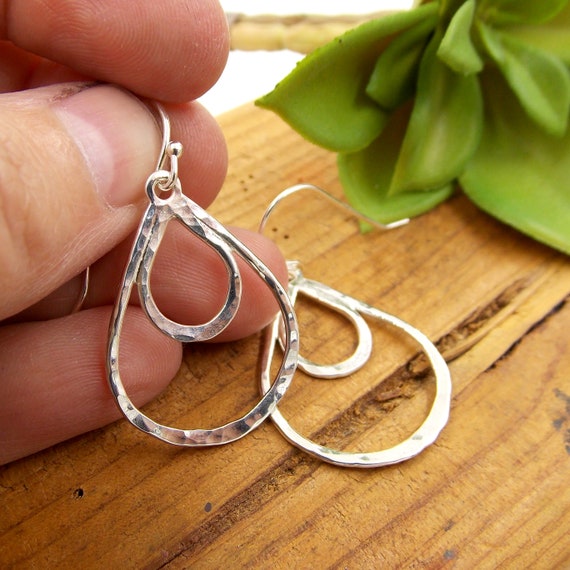 Dangle Hoop Earrings Hammered Texture Sterling Silver Dangle Hoop Earrings Hammered Texture Sterling Silver