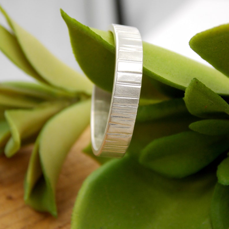 Birch Tree Bark Ring: 4mm wide sterling silver ring given a rustic birch texture image 3