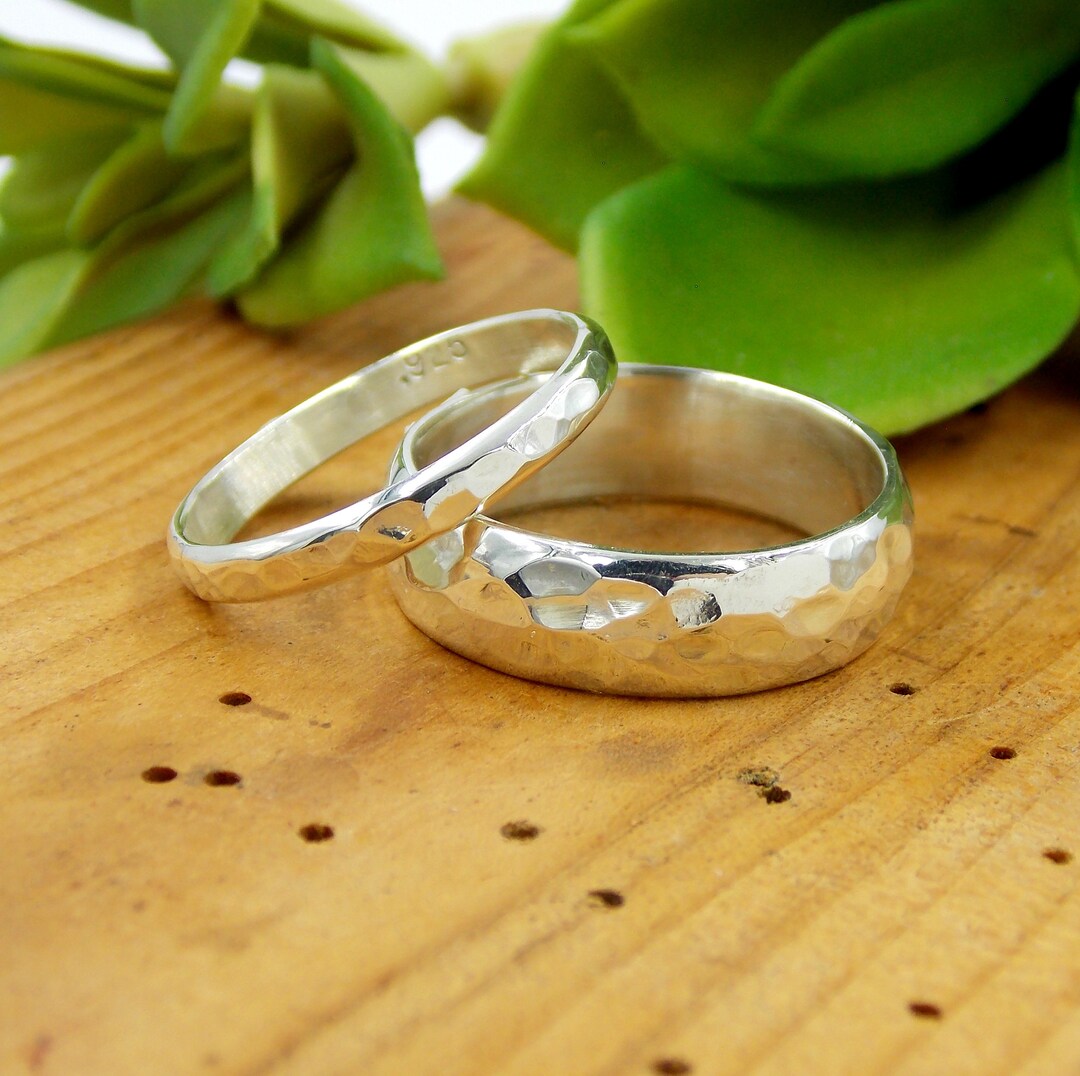 His & Hers Hammered Domed Wedding Band Set Textured Sterling Etsy