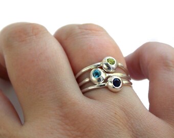 Set of 3 Pebble Birthstone Rings: stackable sterling silver Mother's Day rings