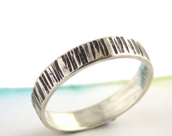 Oxidized Birch Tree Bark Ring: 4mm wide sterling silver ring given a rustic birch texture