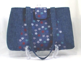 Denim Shoulder Bag, Floral Fabric Bag, Handmade Bag, Cloth Purse, Lined with Pockets, Turquoise, Flowers