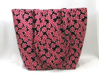 Holiday Shoulder Bag, Peppermint Candy Tote Bag, Christmas Cloth Purse, Handmade Handbag, Holiday Fabric Bag