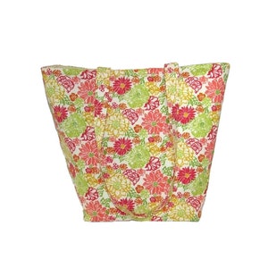 Bolso tote floral, bolso de tela, bolso hecho a mano, beige, verde, amarillo, coral, rosa, flores, bolso de tela, bolso de hombro