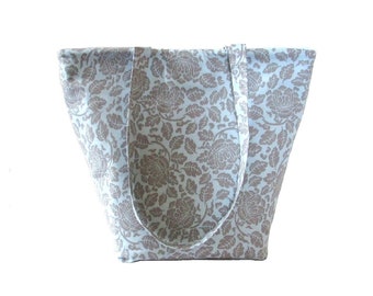 Blue Tote Bag, Floral Fabric Bag, Cloth Purse, Gray Flowers, Handmade Handbag, Shoulder Bag
