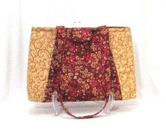 Floral Shoulder Bag, Burgundy Fabric Bag, Handmade Bag, Cloth Purse, Lined with Pockets, Flowers, Gold Scroll, Swirls