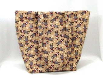Sock Monkey Shoulder Bag, Holiday Tote Bag, Handmade Handbag, Fabric Bag, Brown Cloth Purse