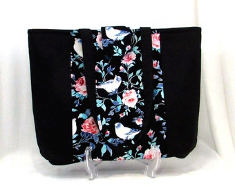 Bird Tote Bag, Black Fabric Bag, Pink Roses, Blue Birds, Handmade Shoulder Bag, Floral Cloth Purse, Lined with Pockets