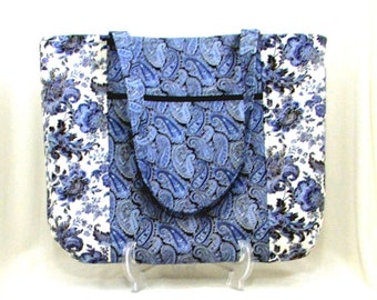 Blue Floral Tote Bag, Paisley Fabric Bag, Handmade Shoulder Bag, Cloth Purse, Zipper Pockets, Lined