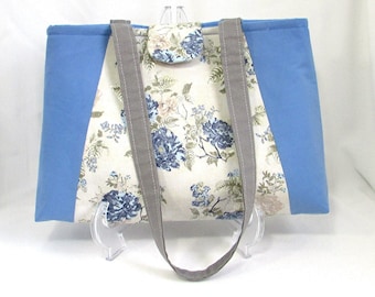 Blue Shoulder Bag, Floral Fabric Bag, Handmade Bag, Cloth Purse, Lined with Pockets, Gray, Blue Flowers