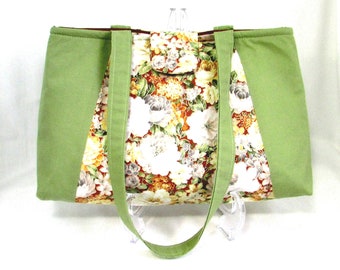 Green Shoulder Bag, Floral Fabric Bag, Handmade Bag, Cloth Purse, Lined with Pockets, Flowers