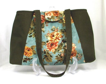 Floral Shoulder Bag, Green Fabric Bag, Handmade Bag, Cloth Purse, Lined with Pockets, Flowers