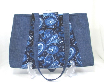 Denim Shoulder Bag, Bandana Fabric Bag, Handmade Bag, Cloth Purse, Lined with Pockets, Blue Bandana, Paisley