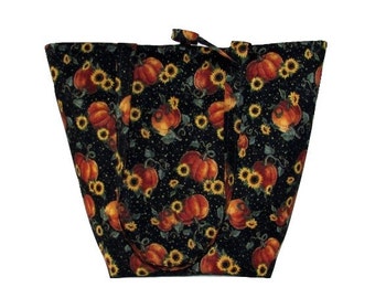 Fall Shoulder Bag, Thanksgiving Purse, Pumpkin, Sunflower Tote Bag, Handmade Handbag, Black Fabric Bag, Orange, Yellow Cloth Purse