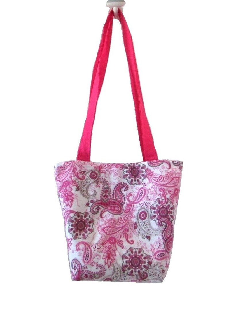 Paisley Purse, Pink & Gray Bag, Handmade Handbag, Cloth Bag, Teen Purse, Small Tote Bag, White Fabric Shoulder Bag image 4