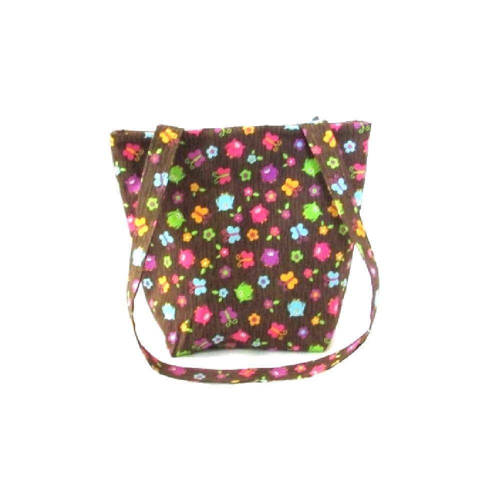 Owl Purse, Small Tote Bag, Brown Handmade Handbag, Owls, Flowers, Butterflies,  Teen Purse, Fabric B