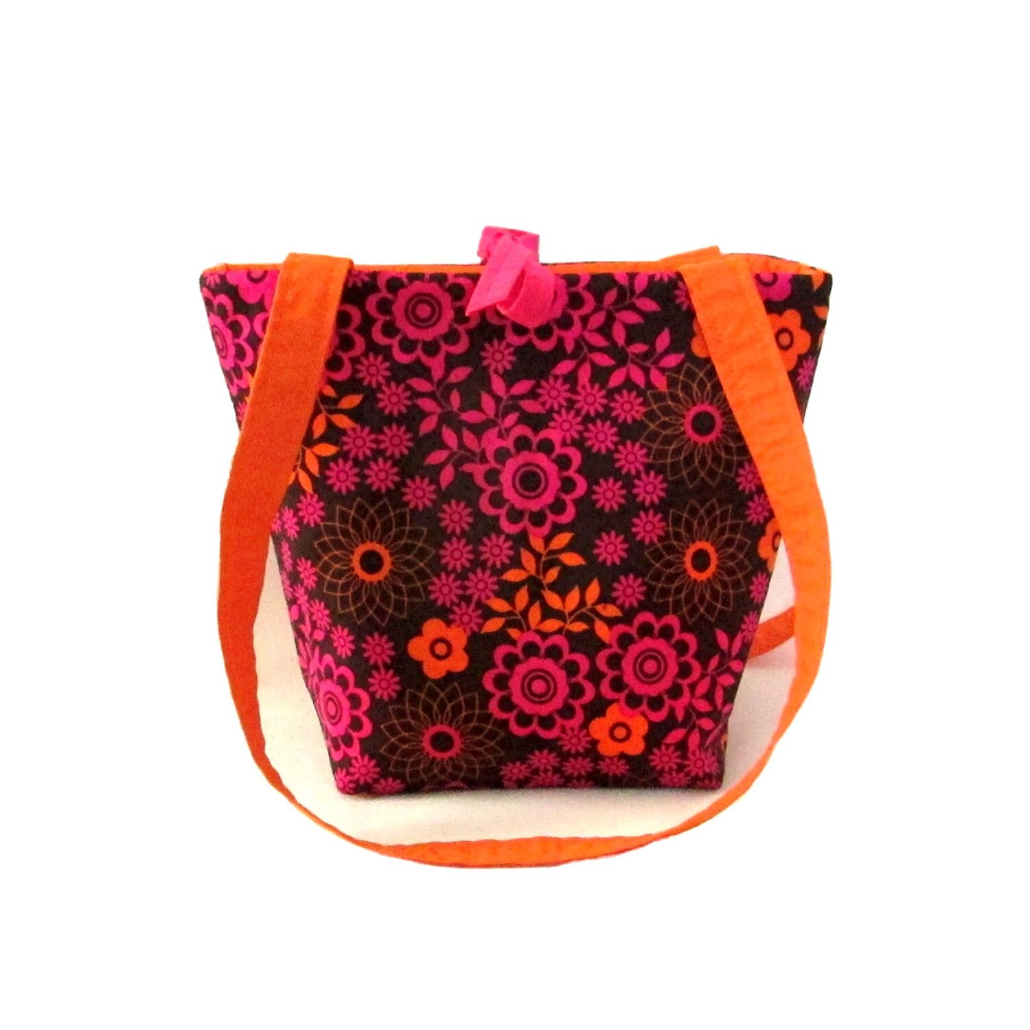 Floral Purse, Small Tote Bag, Brown Cloth Purse, Fabric Bag, Pink, Orange Flowers, Handmade