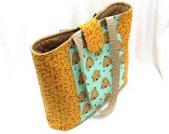Bees & Honey Fabric Tote Bag, Shoulder Bag, Handmade Purse with Flying Bees, Bee Hive, Honeycomb, Cloth Bag, Lined with Pockets