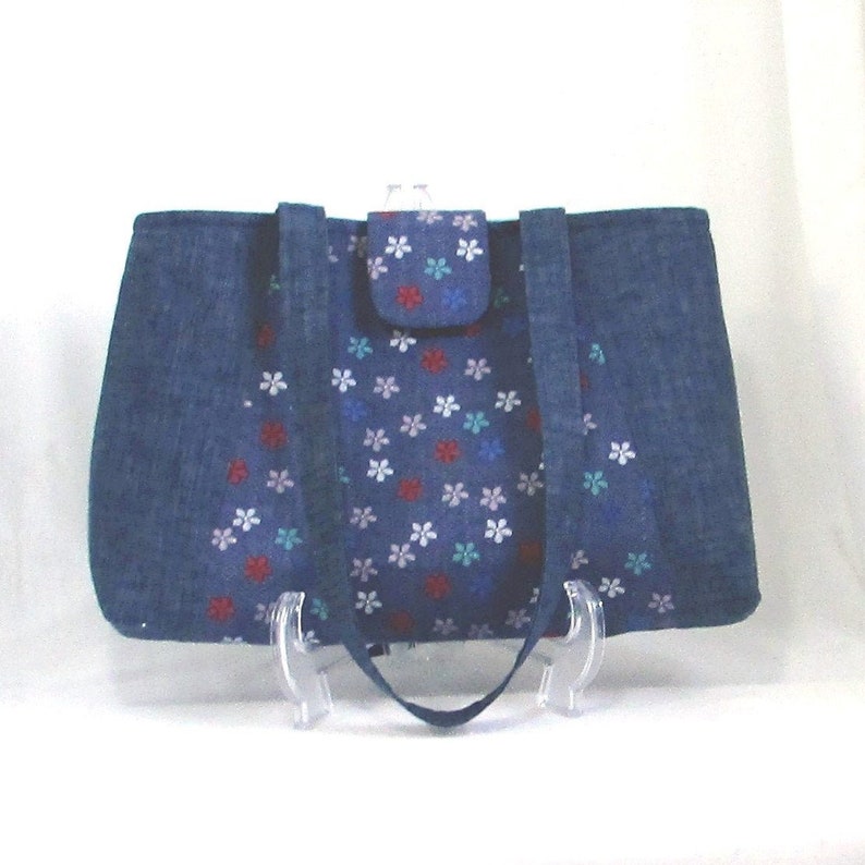 Denim Shoulder Bag, Floral Fabric Bag, Handmade Bag, Cloth Purse, Lined with Pockets, Turquoise, Flowers image 1