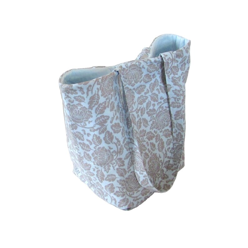 Blue Tote Bag, Floral Fabric Bag, Cloth Purse, Gray Flowers, Handmade Handbag, Shoulder Bag image 2