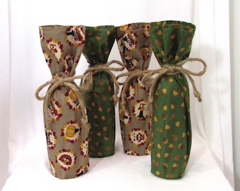 4 Fall Bottle Bags, Reusable Wine Gift Bags, Thanksgiving Gift Wrap for Bottles, Owls, Acorns, Pumpkins, Set 4