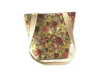 Floral Purse, Small Fabric Bag, Handmade Handbag, Beige Cloth Purse, Pink Flowers, Teen Purse, Girls Purse, Small Tote Bag