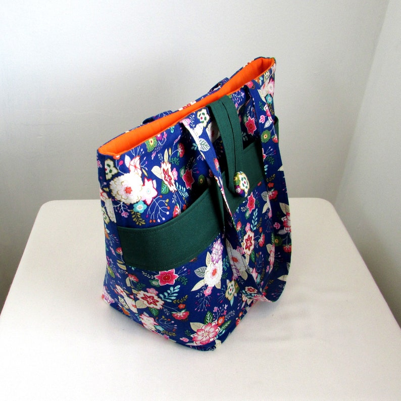 Blue Floral Shoulder Bag, Cloth Purse, Fabric Bag, Handmade Handbag, Tote Bag, Pink Flowers, Orange Flowers image 3