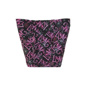 Black Shoulder Bag, Cloth Purse, Pink Graffiti, Love, Flowers, Handmade Handbag, Fabric Bag, Tote Bag