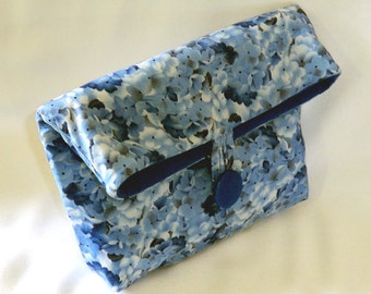 Blue Cosmetic Bag, Makeup Bag, Small Cloth Purse, Clutch Purse, Handmade Bag, Toiletry Bag, Blue, Flowers, Purse Organizer