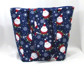 Santa Claus Tote Bag, Cloth Purse, Christmas Purse, Shoulder Bag, Handmade Handbag, Snowflakes, Holiday Fabric Bag