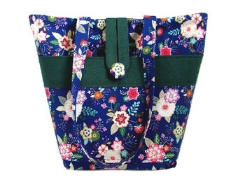 Blue Floral Shoulder Bag, Cloth Purse, Fabric Bag, Handmade Handbag, Tote Bag, Pink Flowers, Orange Flowers