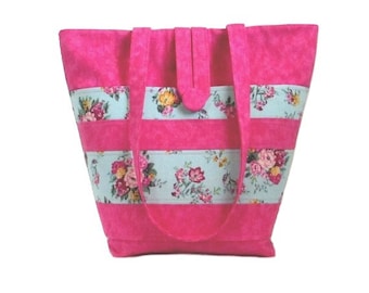 Floral Shoulder Bag, Handmade Cloth Purse, Fabric Bag, Handbag, Tote Bag, Pink and Blue with Pink Flowers, Lined with Pockets