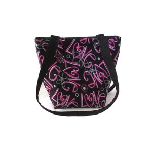 Monedero de amor, Bolso pequeño de tela, Corazones rosas, Flores, Graffiti de amor, Monedero de tela negra, Bolso hecho a mano, Monedero adolescente