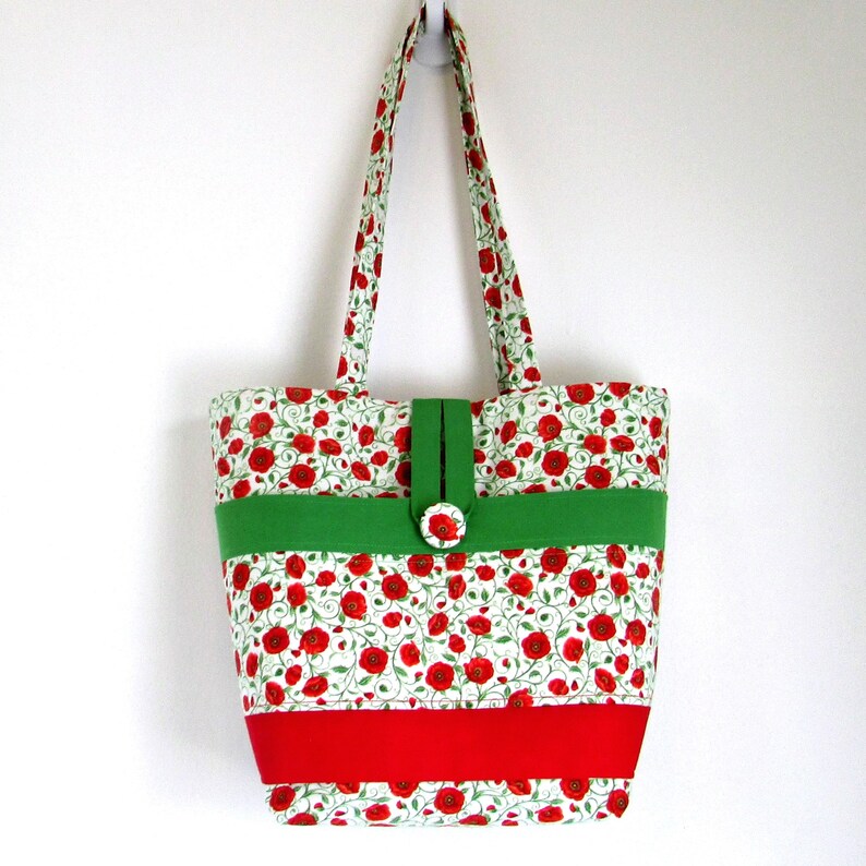 Poppy Flower Tote Bag, Cloth Purse, Fabric Bag, Handmade Handbag