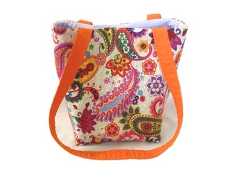 Paisley Purse, Small Tote Bag, Handmade Handbag, Floral Cloth Purse, Purple, Orange, Pink, Yellow, Flowers, Fabric Bag, Teen Purse