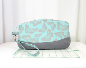 Blue Butterfly Clutch Purse, Fabric Zipper Bag with Detachable Wrist Strap, Small Cloth Purse, Handmade Bag, Makeup Bag