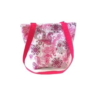 Paisley Purse, Pink & Gray Bag, Handmade Handbag, Cloth Bag, Teen Purse, Small Tote Bag, White Fabric Shoulder Bag image 1
