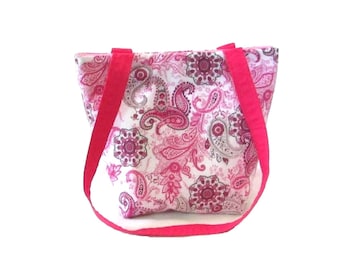 Paisley Purse, Pink & Gray Bag, Handmade Handbag, Cloth Bag, Teen Purse, Small Tote Bag, White Fabric Shoulder Bag