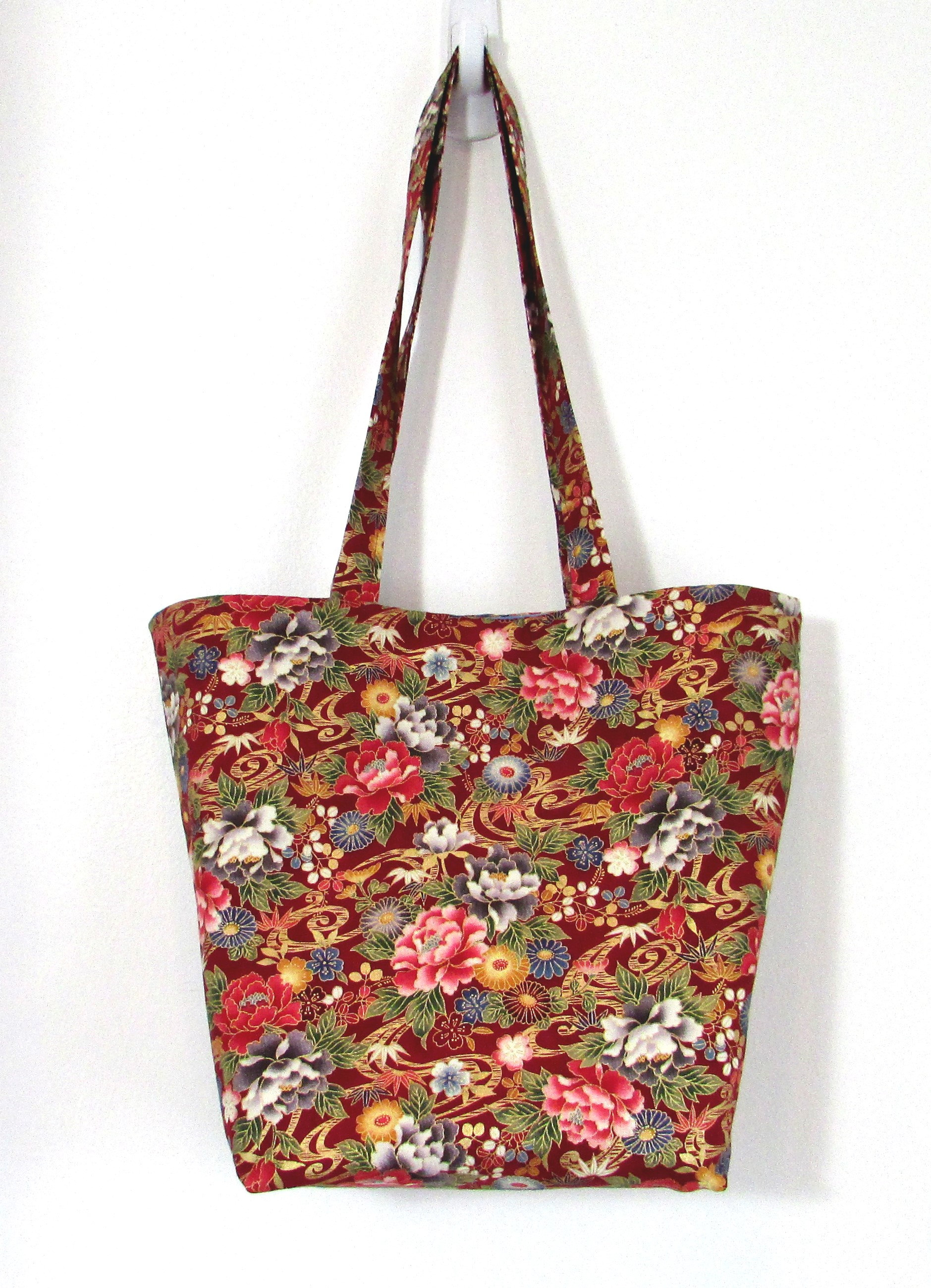 Red Floral Tote Bag, Fabric Purse With Multi Color Flowers, Handmade ...